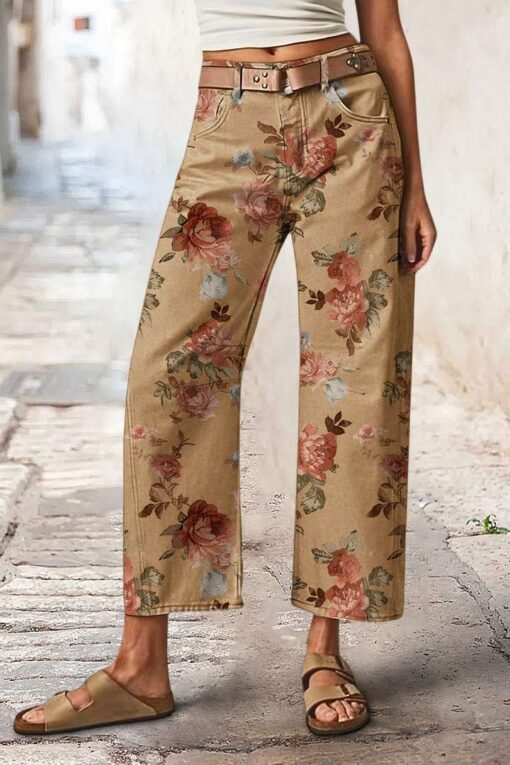 Allover Floral Print Mid Rise Barrel Leg Pants Without Belt