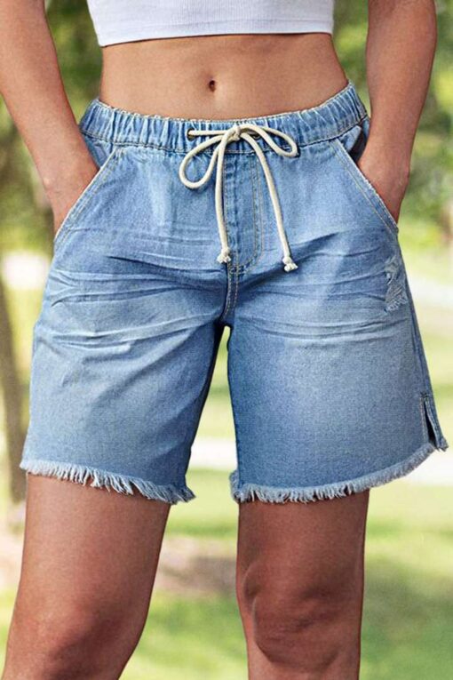 Raw Hem Ripped Split Detail Drawstring Mid Waist Denim Mid Thigh Shorts