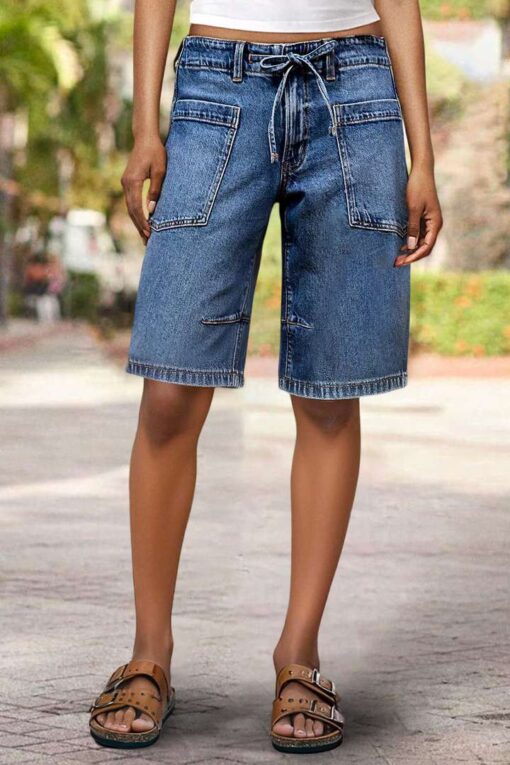 Patch Pocket Drawstring Mid Rise Straight Leg Denim Bermuda Shorts