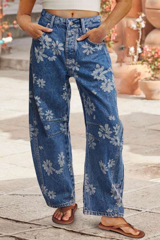 Floral Printed Stitch Detail Criss Cross Mid Waist Barrel Leg Jeans