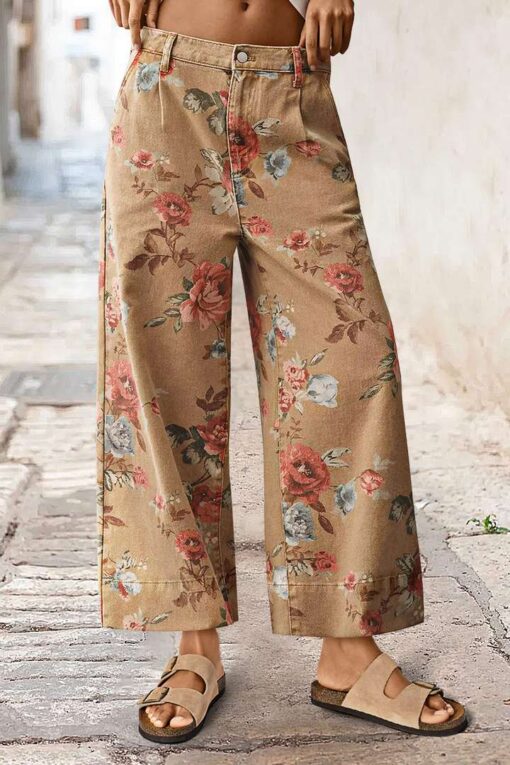 Floral Print Mid Waist Wide Leg Crop Pants