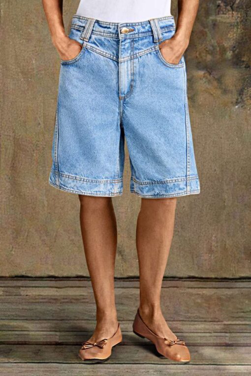 Seam High Rise Criss Cross Back Denim Bermuda Shorts