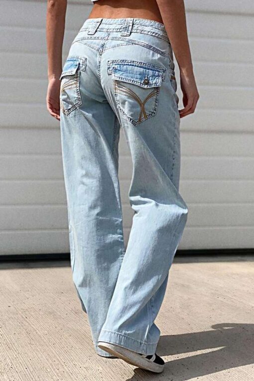 Stitch Detail Stretchy Low Waist Straight Leg Jeans