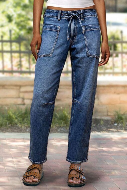 Drawstring Wash Stitch Detail Mid Waist Carrot Jeans