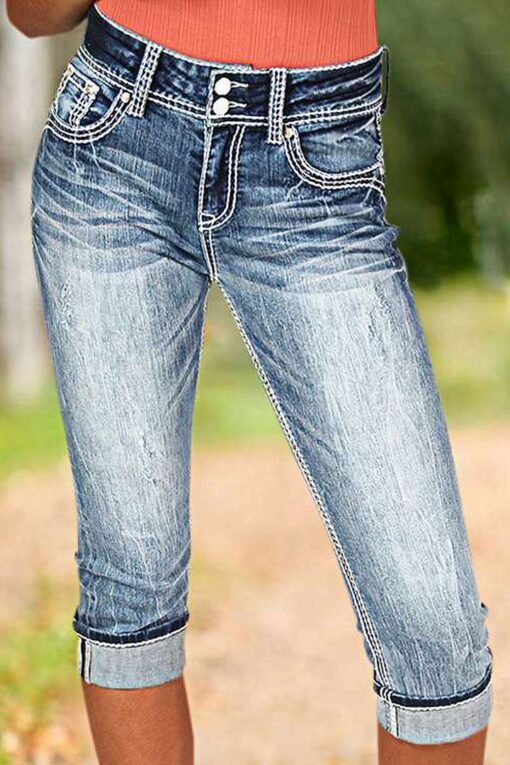 Washed Button Up Rolled Hem Low Rise Capri Jeans