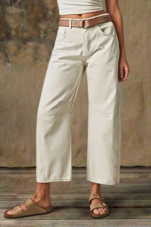 Solid Stitch Detail Mid Waist Crop Straight Leg Jeans Without Belt