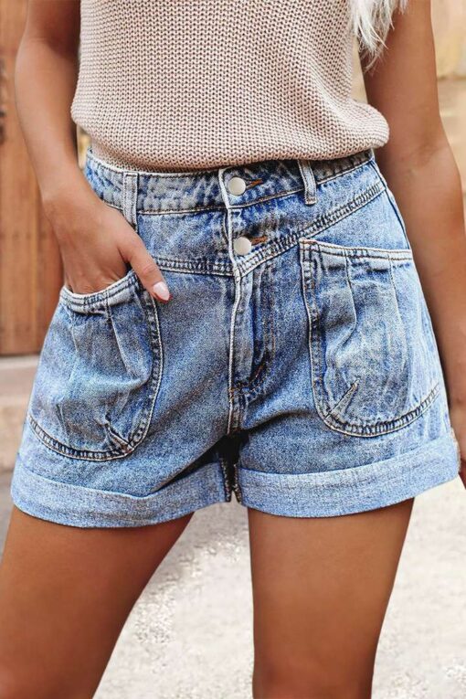 Roll Hem Pleated Patch Pocket Mid Rise Denim Shorts