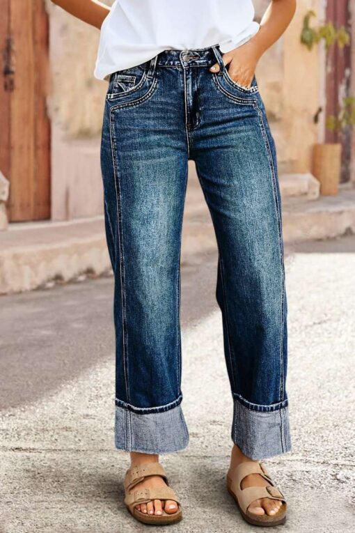 Roll Hem Wash Mid Waist Straight Leg Jeans