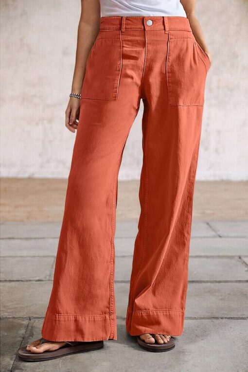 Solid Stitch Detail Mid Waist Straight Leg Pants