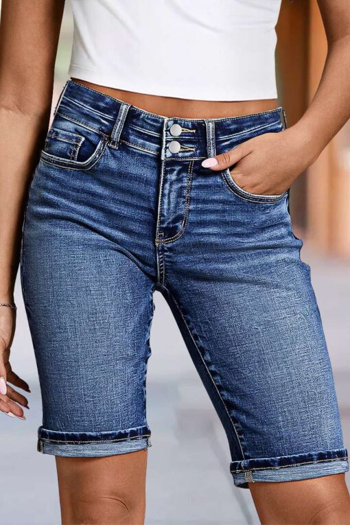 Wash Roll Hem Double Button Mid Rise Denim Bermuda Shorts