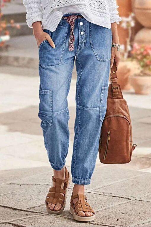 Multi Pocket Button Fly Mid Rise Straight Leg Jeans Without Belt
