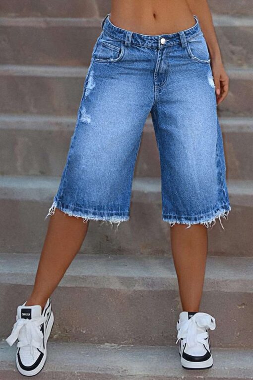 Wash Raw Hem Ripped Mid Waist Straight Leg Denim Bermuda Shorts