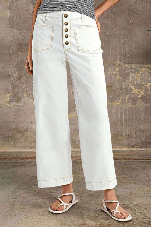 Contrast Stitch Button Fly Straight Leg High Rise Crop Pants