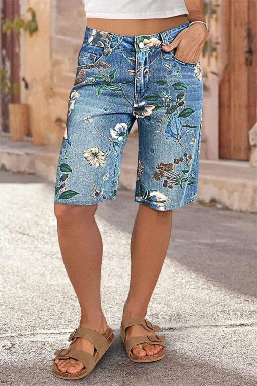 Floral Print High Rise Straight Leg Denim Bermuda Shorts