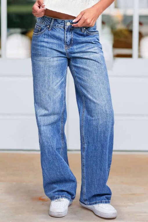 Wash Straight Leg Mid Rise Jeans