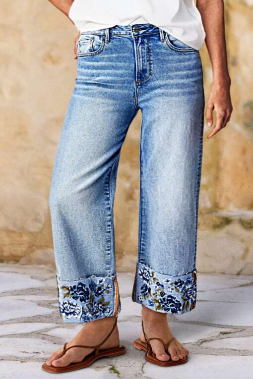 Floral Embroidery Roll Raw Hem Straight Leg High Rise Jeans