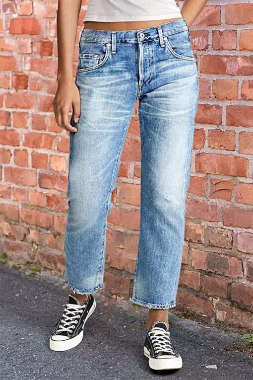 Wash Raw Hem High Rise Straight Leg Crop Jeans
