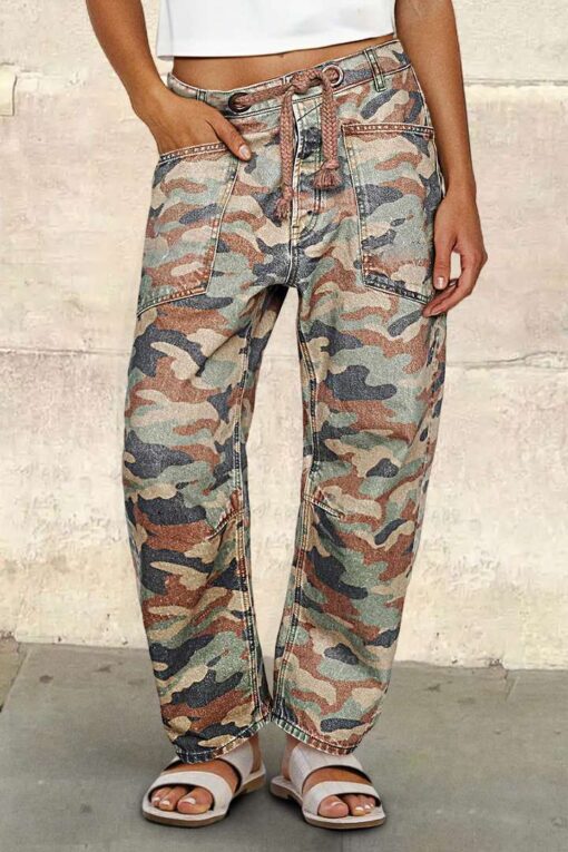Camo Print Drawstring Patch Pocket Mid Waist Straight Leg Pants