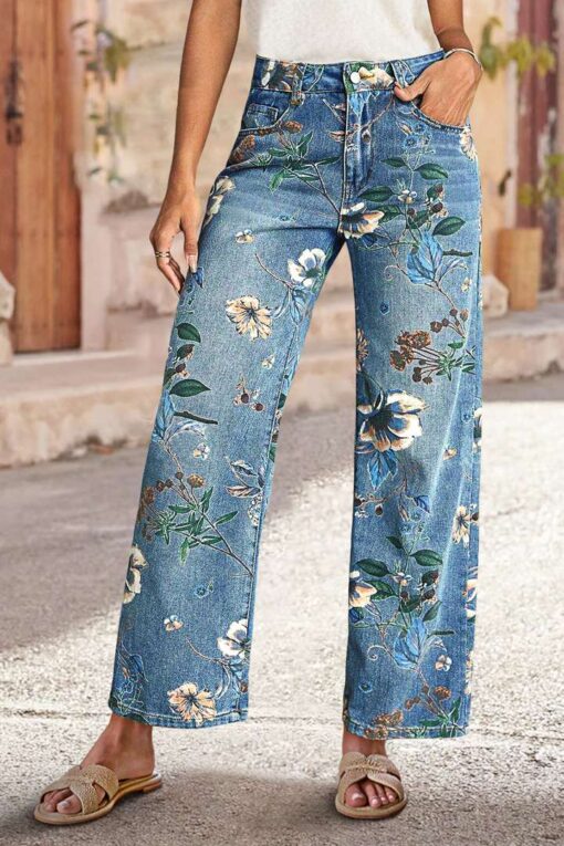 Allover Floral Pattern Straight Leg High Rise Crop Jeans