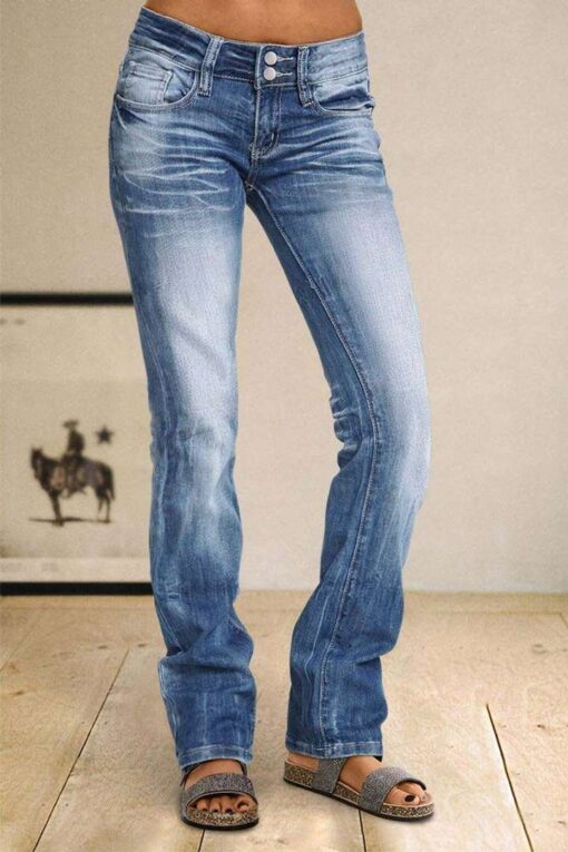 Wash Ripped Double Button Straight Leg Mid Rise Jeans