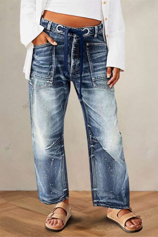 Drawstring Grommet Eyelet Mid Waist Barrel Jeans