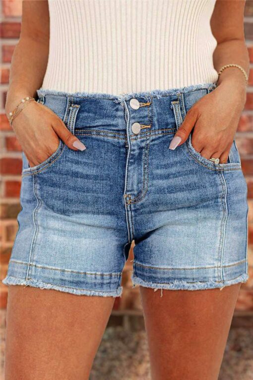 Raw Trim Ripped Dual Button High Waist Denim Shorts