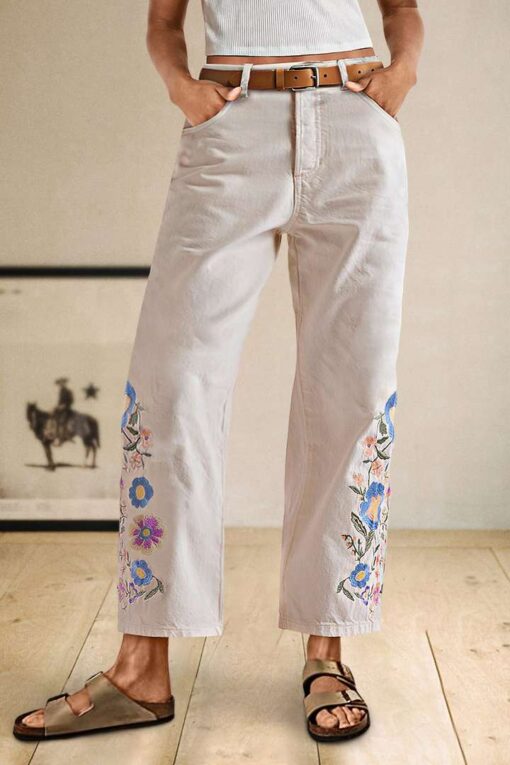 Floral Embroidery High Rise Straight Leg Crop Pants