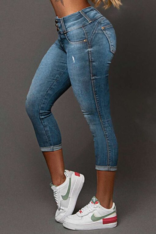 Button Up Roll Hem Mid Rise Capri Jeans