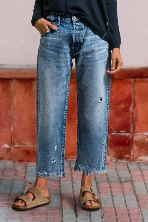Wash Raw Hem Ripped Mid Rise Crop Barrel Leg Jeans