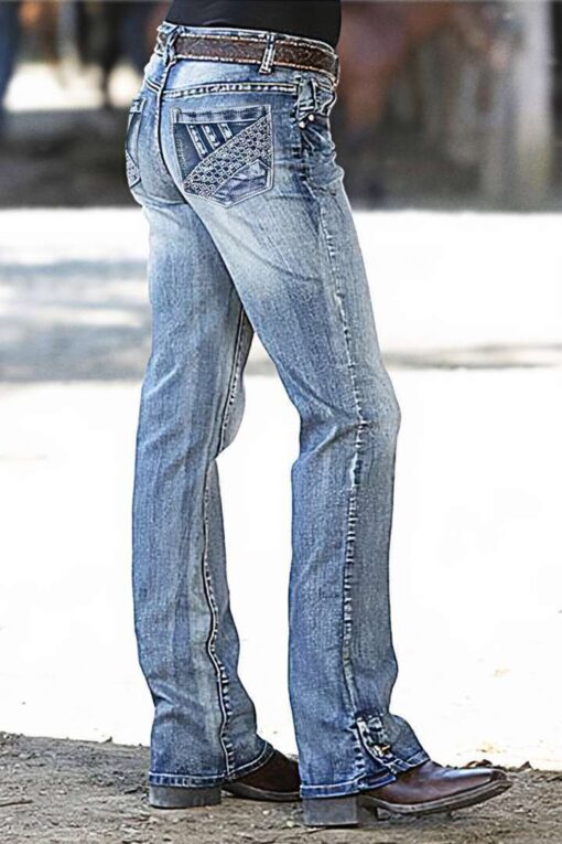 Embroidered Pocket Buttoned Hem Mid Waist Bootcut Jeans Without Belt