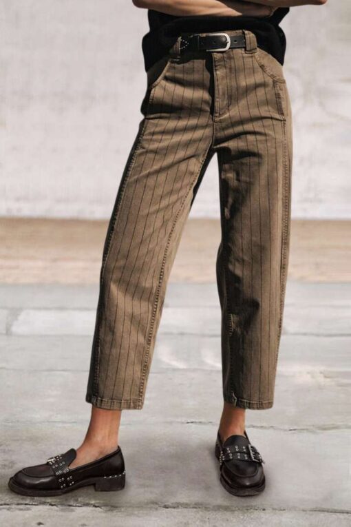 Pinstriped Mid Waist Straight Leg Crop Pants Without Belt