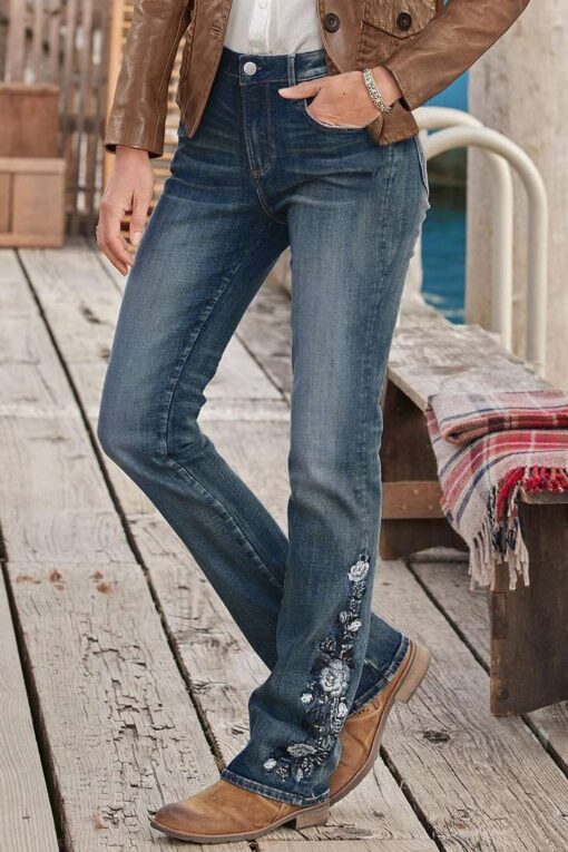 Washed Floral Embroidery Stretchy Mid Waist Bootcut Jeans