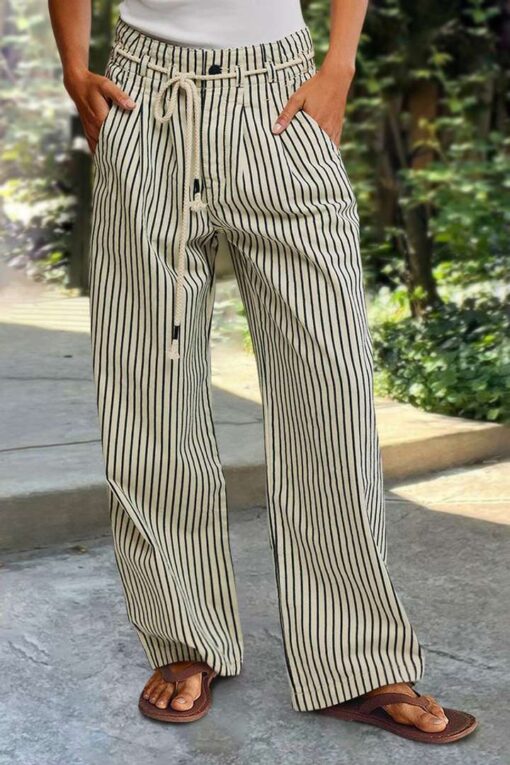 Striped Drawstring Pleated Mid Rise Straight Leg Pants