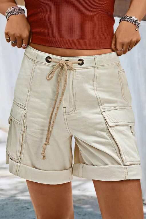 Roll Hem Flap Pocket Drawstring Mid Waist Straight Leg Cargo Shorts