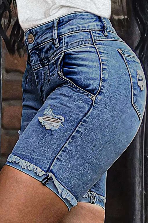 Ripped Raw Hem High Waist Denim Mid Thigh Shorts