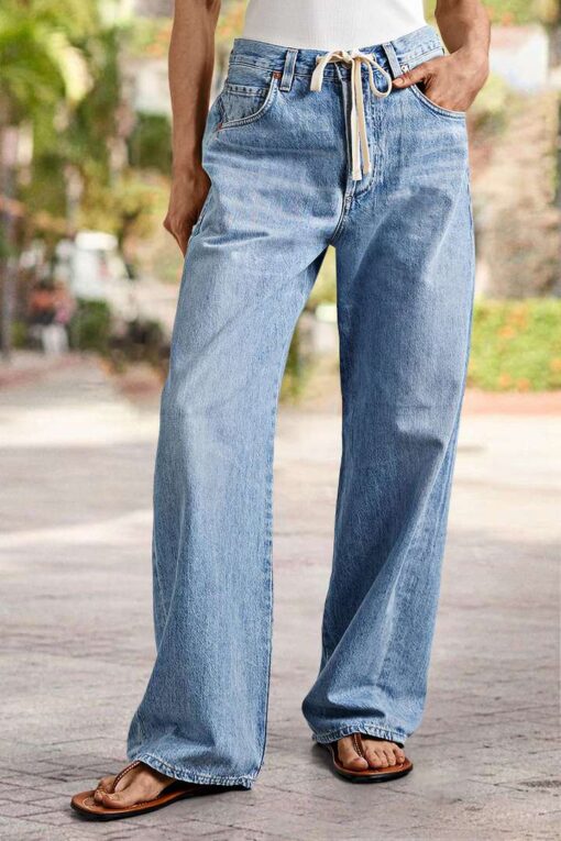 Wash Drawstring High Rise Straight Leg Jeans