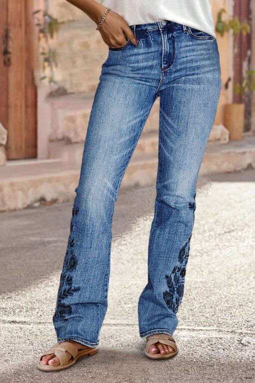 Floral Embroidery Wash Mid Waist Bootcut Jeans
