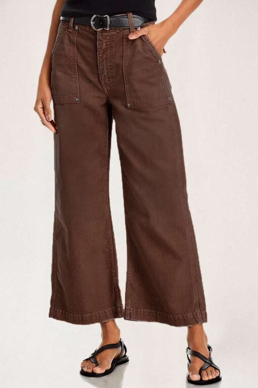 Flap Pocket Back Mid Waist Crop Pants Without Belt