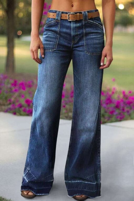 Wash Stitch Detail Raw Hem Mid Waist Wide Leg Jeans Without Belt