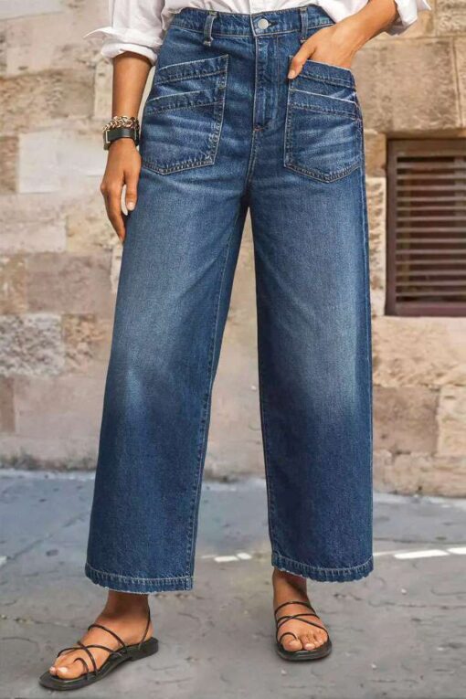 Wash Stitch Detail Raw Hem Crop Wide Leg Mid Rise Jeans